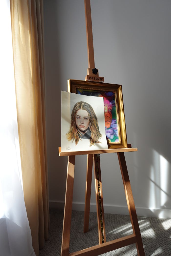A portrait drawing on an easel in a sunlit room, highlighting artistic creativity.